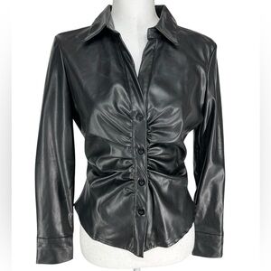 A… LOVE STORY / Black Faux Leather Ruched Button Down Top / Small / Goth Vampire